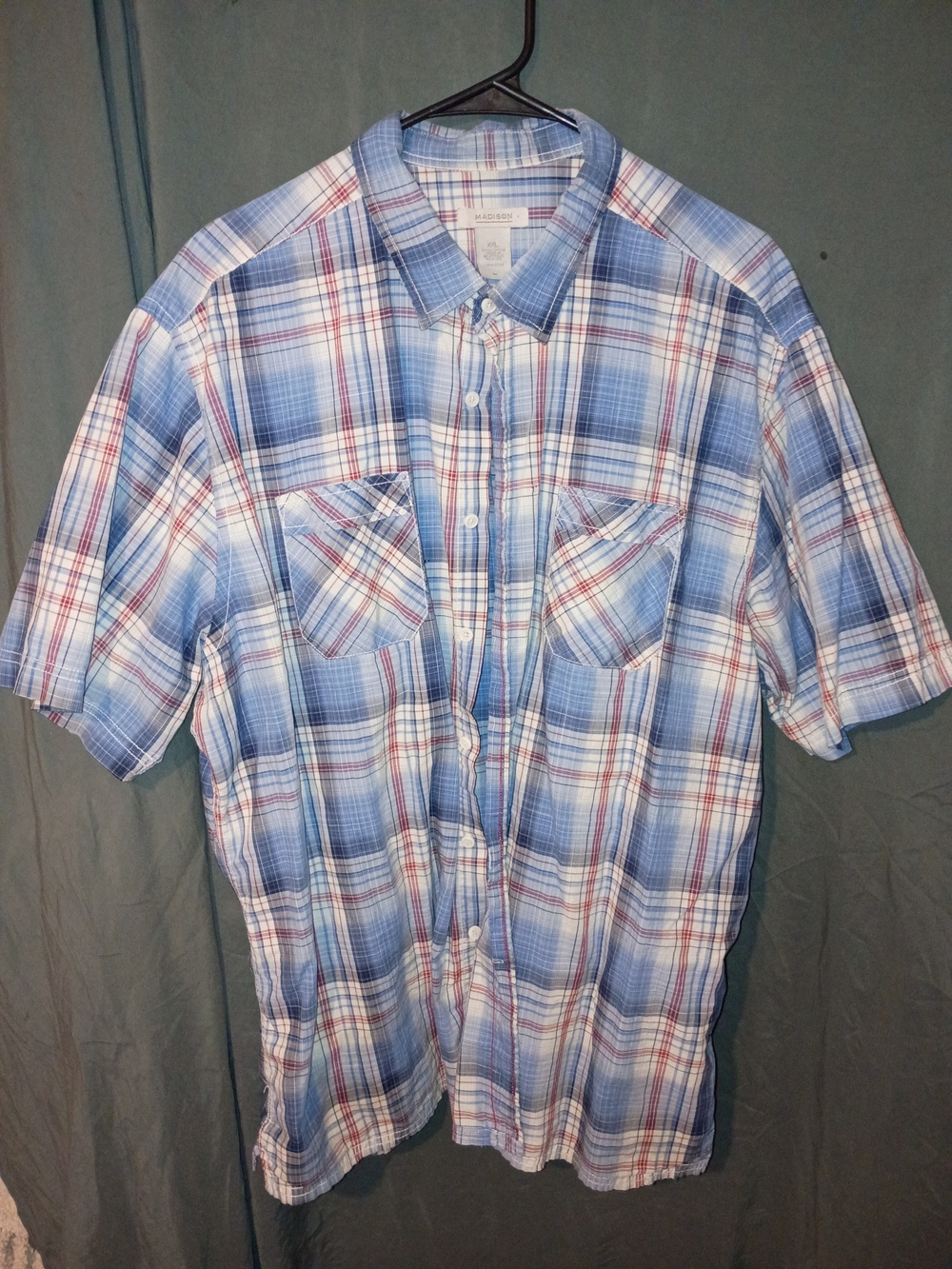 Madison Blue and White Plaid Short-Sleeve Button-Down Shirt